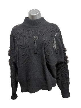 Erez Vintage Sweater Womens Small Black Avant Garde Fur Snakeskin Leather Beaded